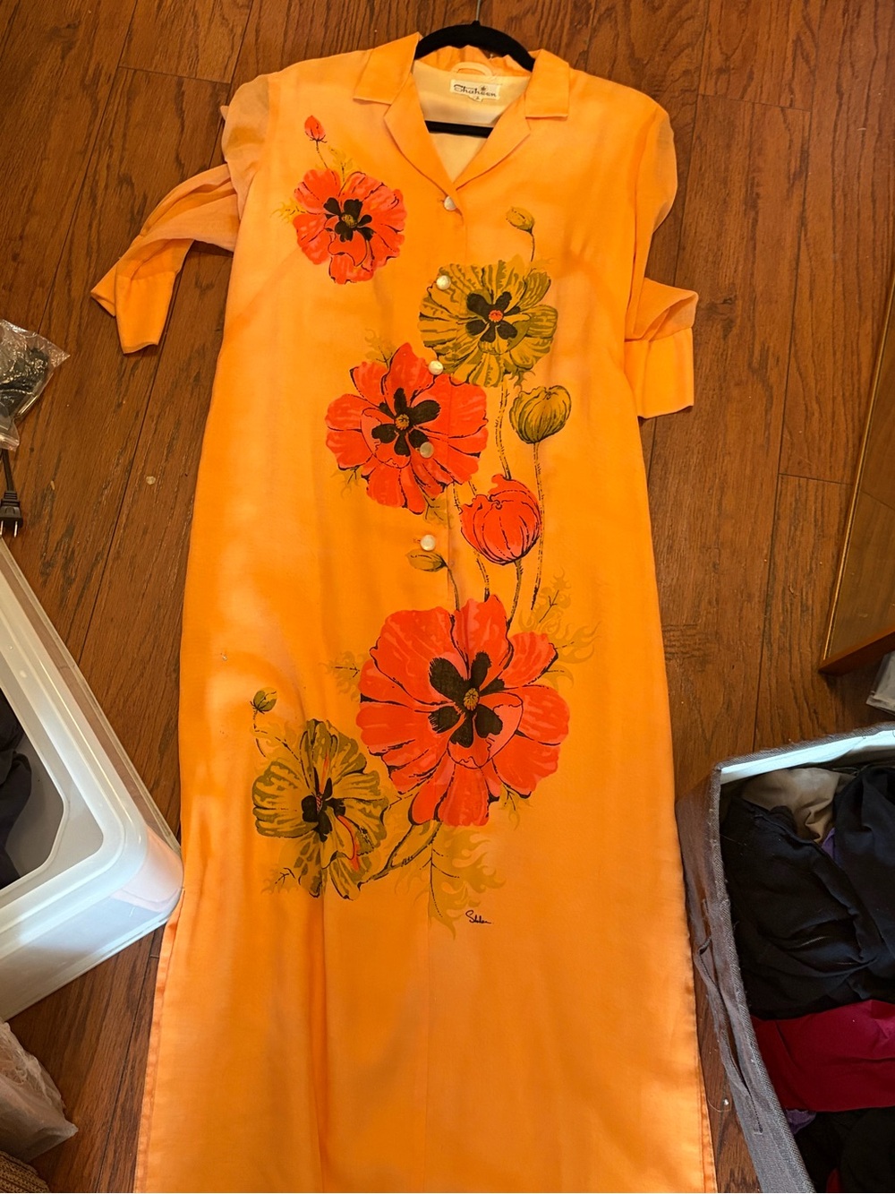 Orange Floral Maxi Dress with Button-Front Collar